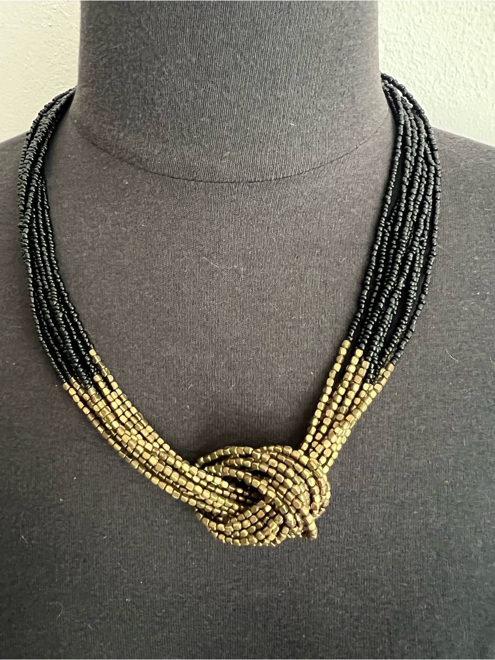 Black and Gold Multi-Strand Beaded Knot Necklace